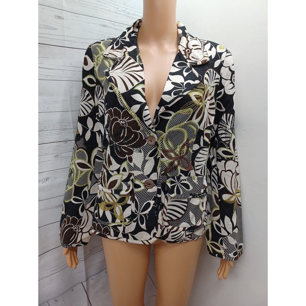 Silkland 100%Silk Safari Jungle Lined Black White Green Jacket Blazer Women's M